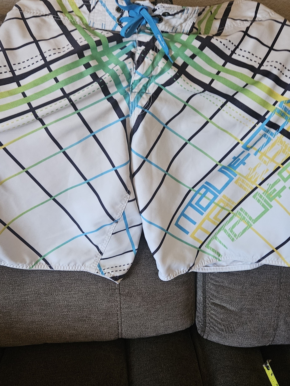 White Plaid Swim Trunks with Green & Blue Accents